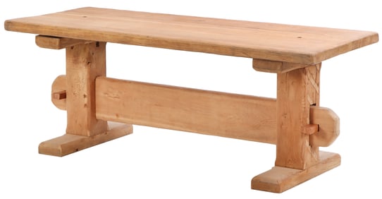 HEAVY BRUTALIST STYLE OAK TRESTLE TABLE WITH OVERSIZED CONSTRUCTION C 1950. PERFECT FOR THAT