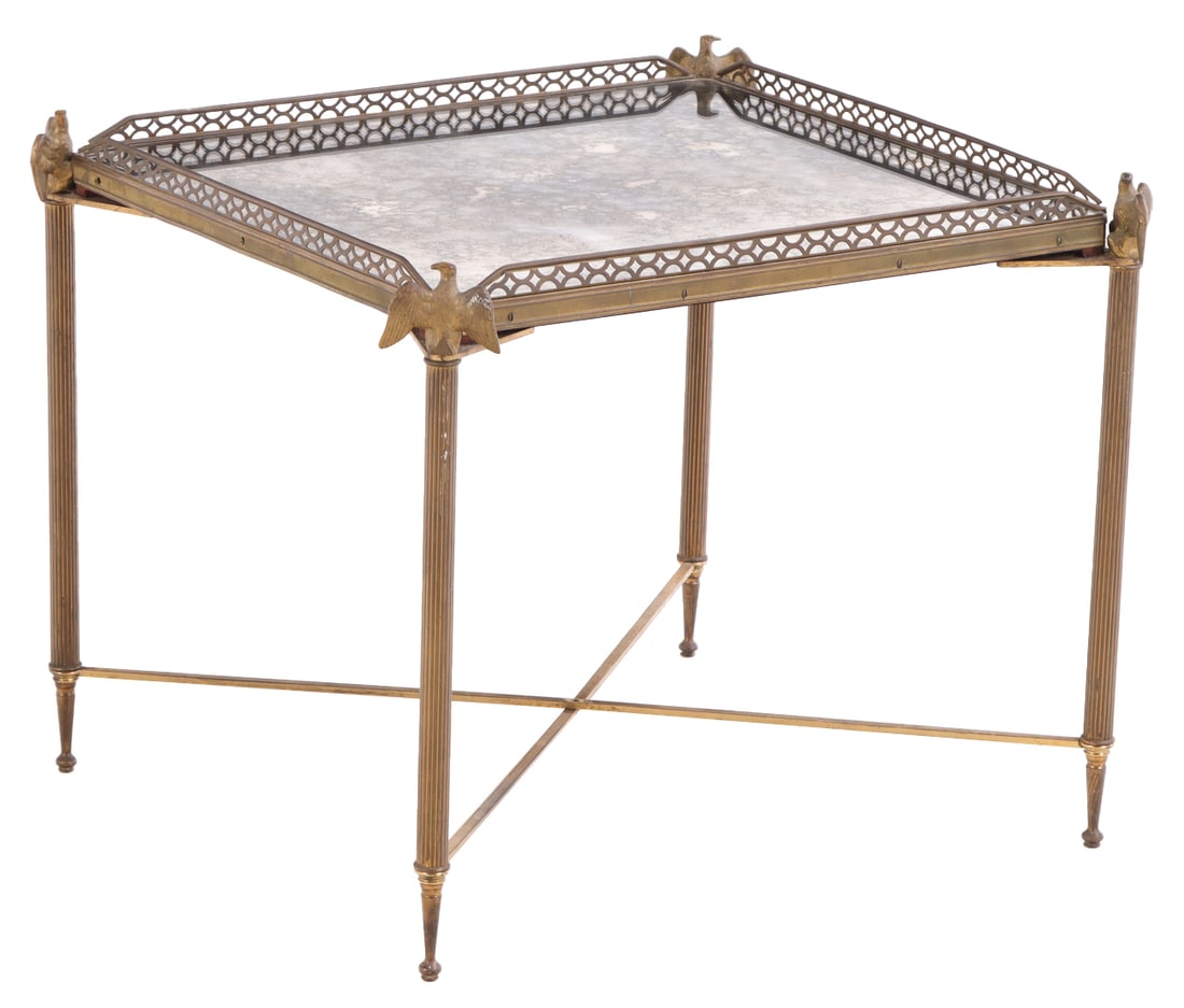 FRENCH BRASS END TABLE WITH EAGLE DECORATION AND HAVING A MOTTLED MIRROR TOP C 1950. (1 of 6)