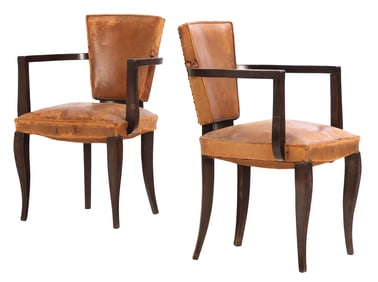 PAIR FRENCH LEATHER AND WOOD OPEN ARM CHAIRS C 1940.