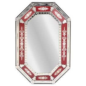 VENETIAN STYLE MIRROR HAVING A RED BACK ROUND AND ETCHED GLASS BORDER.