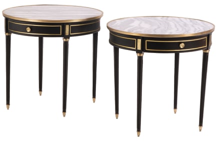 LARGE PAIR OF EBONIZED AND BRONZE MOUNTED MARBLE TOP GUERIDONS IN THE LOUIS XVI STYLE, EACH  HAVING