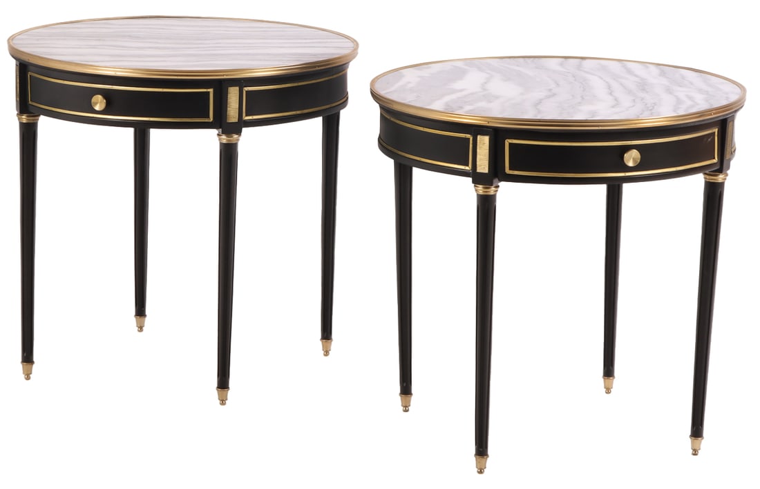 LARGE PAIR OF EBONIZED AND BRONZE MOUNTED MARBLE TOP GUERIDONS IN THE LOUIS XVI STYLE, EACH  HAVING (1 of 6)