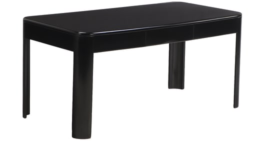 FRENCH EBONIZED WOOD WRITING DESK HAVING THREE DRAWERS AND CONCAVE LEGS C 1945.
