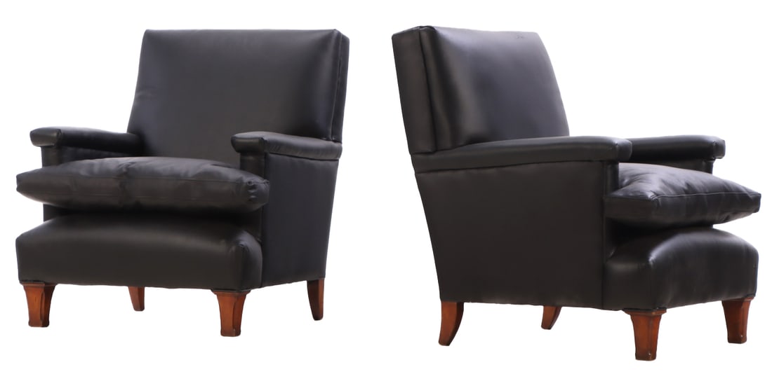 PAIR OF MAHOGANY AND LEATHER UPHOLSTERED ARM CHAIRS IN THE MANNER OF JEAN-MICHEL FRANK C 1940. (1 of 6)