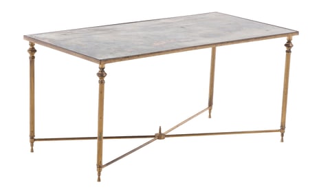 FRENCH DIRECTOIRE STYLE BRONZE COFFEE TABLE HAVING A MOTTLED MIRROR TOP C 1950.