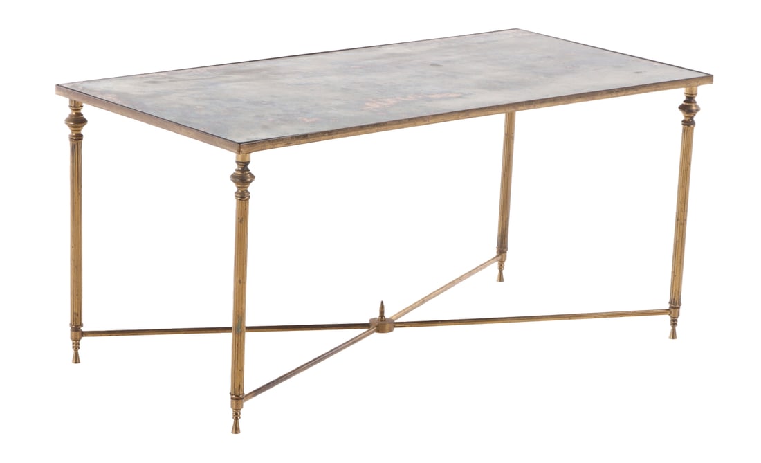 FRENCH DIRECTOIRE STYLE  BRONZE COFFEE TABLE HAVING A MOTTLED MIRROR TOP C 1950. (1 of 5)