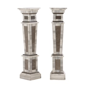 PAIR OF TWO TONE MARBLE COLUMNS HAVING TAPERED SHAFT AND STEPPED BASE.