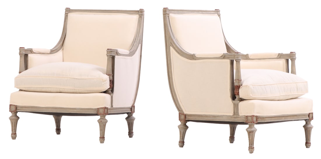 PAIR PAINTED GREY LOUIS XVI STYLE BERGERE CHAIRS C 1940 WITH RECENT FABRIC.: Pair painted grey Louis XVI style bergere chairs C 1940 with recent fabric. Ht: 32.5" Wd: 25" Dpth: 28" Seat: 19"