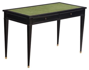 EBONIZED LOUIS XIV STYLE LEATHER TOP WRITING DESK HAVING TWO DRAWERS C 1940.