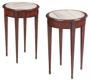 PAIR ROUND MAHOGANY LOUIS XVI STYLE  MARBLE TOP INLAID TABLES C 1950.