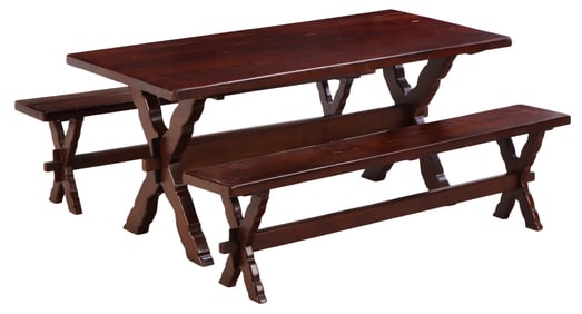 RUSTIC BRAZIIAN TABLE AND A PAIR OF MATCHING BENCHES C 1950.