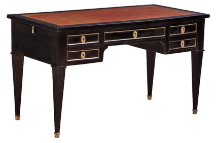 FRENCH DIRECTOIRE STYLE EBONIZED AND BRONZE MOUNTED LEATHER TOP WRITING DESK C 1940 HAVING