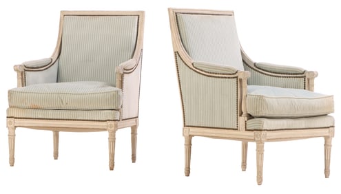 PAIR PAINTED FRENCH LOUIS XVI STYLE BERGERE CHAIRS C 1930.