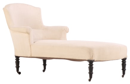NAPOLEON III UPHOLSTERED CHAISE LOUNGE ON EBONIZED TURNED FEET C 1860.
