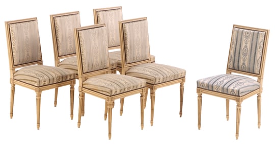 SIX PAINTED FRENCH LOUIS XVI STYLE DINING CHAIRS WITH RECTANGULAR BACK C 1940.