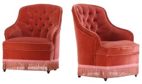 PAIR OF FRENCH NAPOLEON III STYLE LOUNGE CHAIRS WITH BUTTON BACK UPHOLSTERY AND FRINGE DECORATION.
