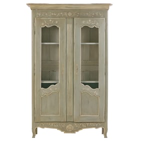 A NINETEENTH CENTURY FRENCH PAINTED AND CARVED CABINET WITH WIRE DOOR PANELS AND ADJUSTABLE