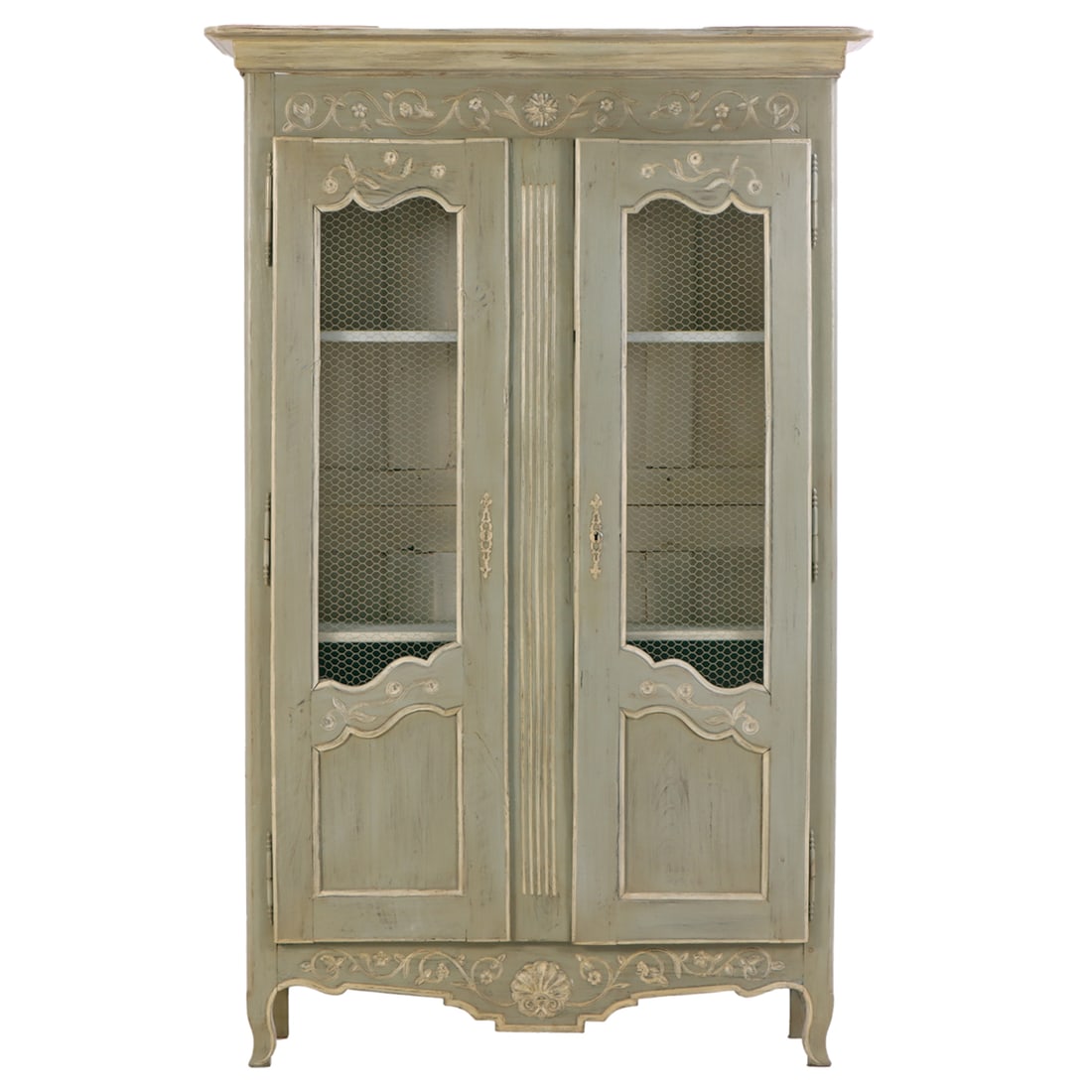 A NINETEENTH CENTURY FRENCH PAINTED AND CARVED CABINET WITH WIRE DOOR PANELS AND ADJUSTABLE (1 of 7)