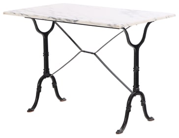 FRENCH CAST IRON AND MARBLE BISTRO TABLE.