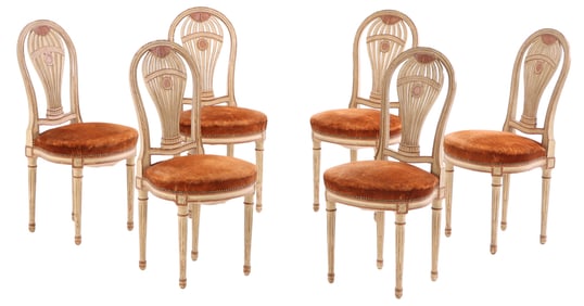 SIX FRENCH PAINTED BALOON BACK DINING CHAIRS IN THE MANNER OF JANSEN C 1940.
