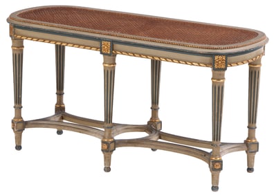 FRENCH LOUIS XVI STYLE PAINTED AND GILTWOOD CANE BENCH C 1920.