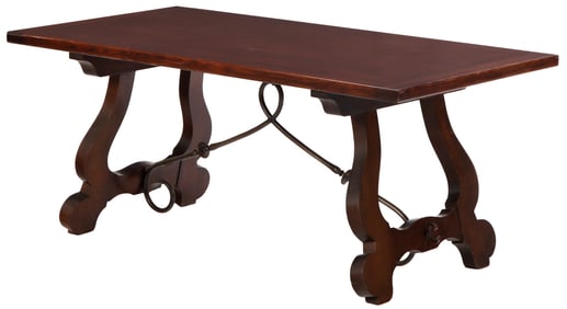 FRENCH OAK FARM TABLE IN THE SPANISH STYLE HAVING AN IRON STRETCHER C 1940.