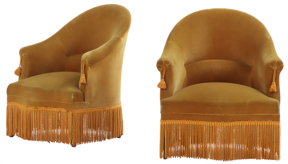 PAIR NAPOLEON III STYLE LOUNGE CHAIRS WIHT FRINGE DECORATION C 1910. (1 of 8)
