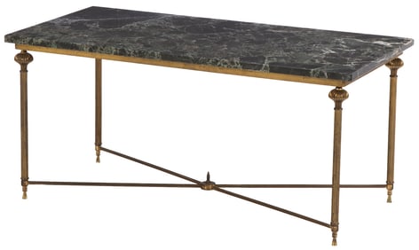 FRENCH BRASS COFFEE TABLE HAVING A GREEN MARBLE TOP C 1950.