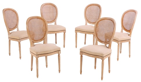 SIX PARTIAL PAINTED LOUIS XVI STYLE FRENCH DINING CHAIRS WITH CANE BACKS C 1950.