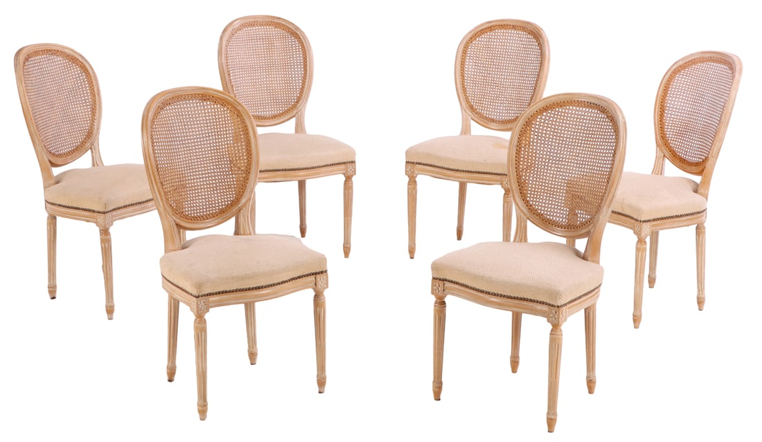SIX PARTIAL PAINTED LOUIS XVI STYLE FRENCH DINING CHAIRS WITH CANE BACKS C 1950. (1 of 9)