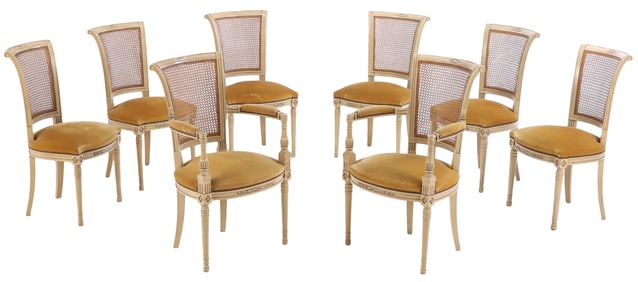 EIGHT FRENCH PAINTED DINING CHAIRS WITH CANE BACKS IN THE DIRECTOIRE STYLE C 1950.