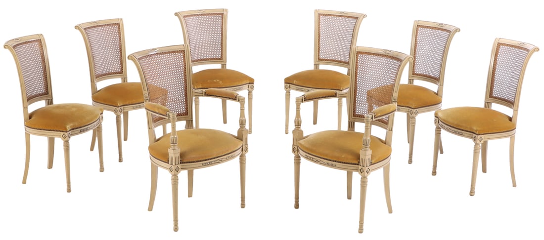 EIGHT FRENCH PAINTED DINING CHAIRS WITH CANE BACKS IN THE DIRECTOIRE STYLE C 1950. (1 of 7)