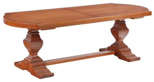 LARGE FRENCH OAK TABLE HAVING A DOUBLE PEDESTAL BASE AND THICK TOP C 1950.
