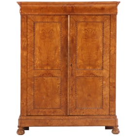 TWO DOOR FIGURED ELM ARMOIRE C 1850. DISMANTLES INTO MANY PIECES FOR TRANSPORT.