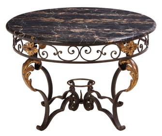 FRENCH IRON AND GILT DECORATED OCCASIONAL OR COFFEE TABLE HAVING A PORTORO NERO MARBLE TOP.