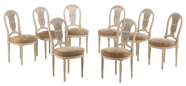 EIGHT PAINTED FRENCH DINING CHAIRS C 1940 IN THE MANNER OF JACOB.