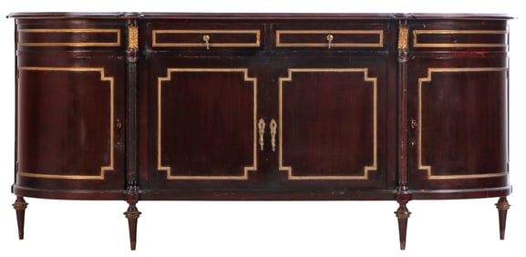 FRENCH LOUIS XVI STYLE BRONZE MOUNTED SIDEBOARD C 1950 HAVING CURVED DOORS ON EITHER END.