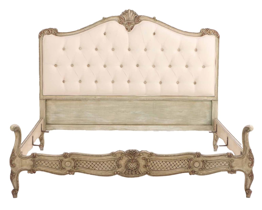 FULL SIZE PAINTED AND CARVED WOOD BED C 1940 IN THE LOUIS XV STYLE HAVING NEW BUTTON UPHOLSTERY. (1 of 6)