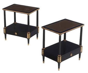 DIRECTOIRE STYLE BRONZE MOUNTED AND EBONIZED TABLES HAVING GOLD GILT GLASS TOPS C 1950.