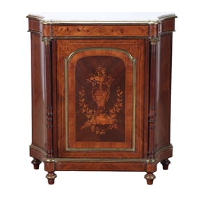 A LOUIS XVI STYLE KINGWOOD BRONZE A MARBLE TOP CABINET HAVING FOLIATE AND FLORAL DECORATED URN ON