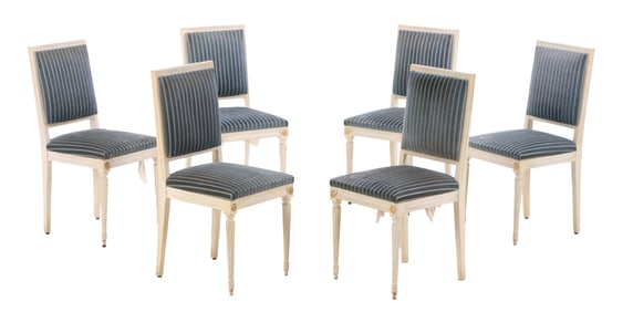 SIX FRENCH PAINTED LOUIS XVI STYLE UPHOLSTERED BACK DINING ROOM CHAIRS C 1945.