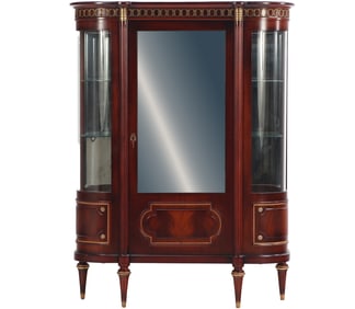 FRENCH LOUIS XVI STYLE MAHOGANY AND BRONZE MOUNTED CURVED GLASS CHINA CABINET HAVING A SINGLE DOOR