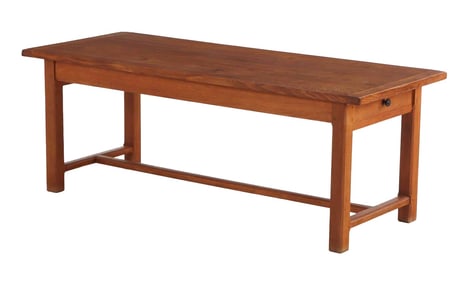 FRENCH OAK FARM TABLE HAVING TWO DRAWERS AND TWO LEAVES C 1945.