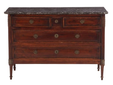 FRENCH LOUIS XVI MAHOGANY MARBLE TOP COMMODE C 1800 HAVING BRONZE MOUNTS.