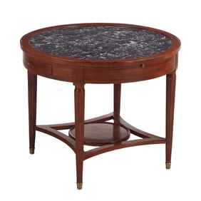 LATE NINETEENTH CENTURY FRENCH MAHOGANY MARBLE TOP GAMES TABLE HAVING TWO LEATHER SLIDES AND TWO