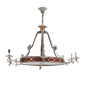 FRENCH PAINTED IRON AND BRASS SIX LIGHT CHANDELIER C 1940.