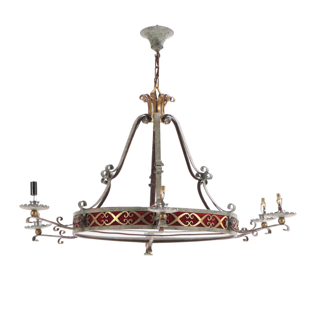 FRENCH PAINTED IRON AND BRASS SIX LIGHT CHANDELIER C 1940. (1 of 7)