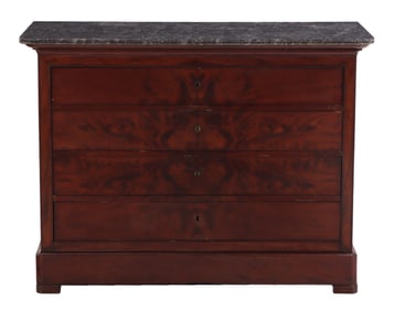 FRENCH LOUIS PHILIPPE CROTCH MAHOGANY MARBLE TOP DRESSER C 1860 HAVING A BUTLERS DESK IN THE TOP