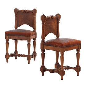 PAIR NINETEENTH CENTURY ITALIAN MAHOGANY SIDECHAIRS WITH TURNED ELEMENTS.