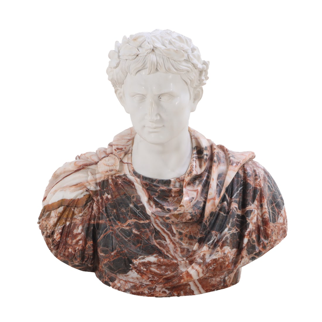 LARGE CARVED MARBLE BUST IN THE MANNER OF JULIUS CEASAR. (1 of 3)